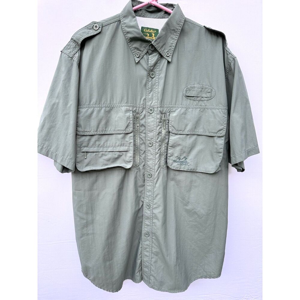 Cabela Mens L Green Performance Guidewear Fishing Shirt Vented Pockets Vintage